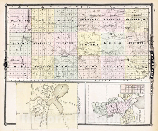 Historic Map : 1878 Map of Waushara County, Necedah and Wautoma, State of Wisconsin. - Vintage Wall Art