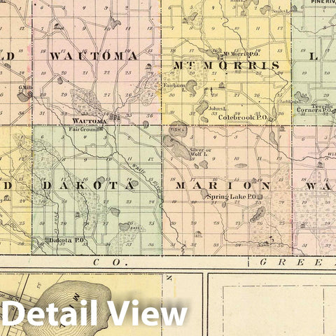 Historic Map : 1878 Map of Waushara County, Necedah and Wautoma, State of Wisconsin. - Vintage Wall Art