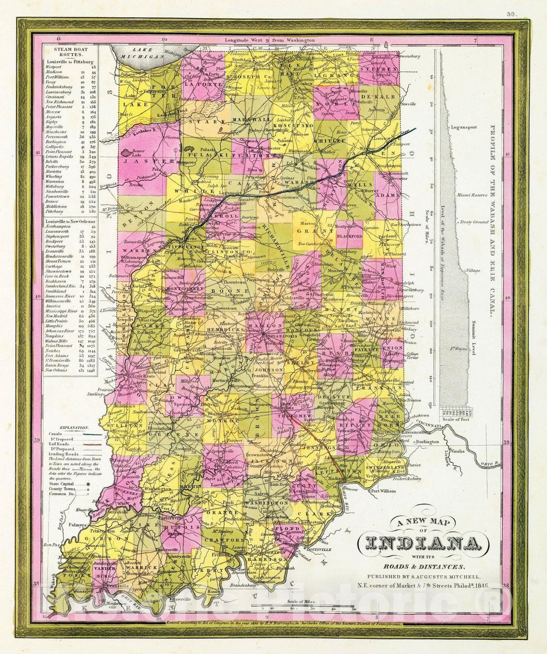 Historic Map : 1846 New Map Of Indiana. - Vintage Wall Art