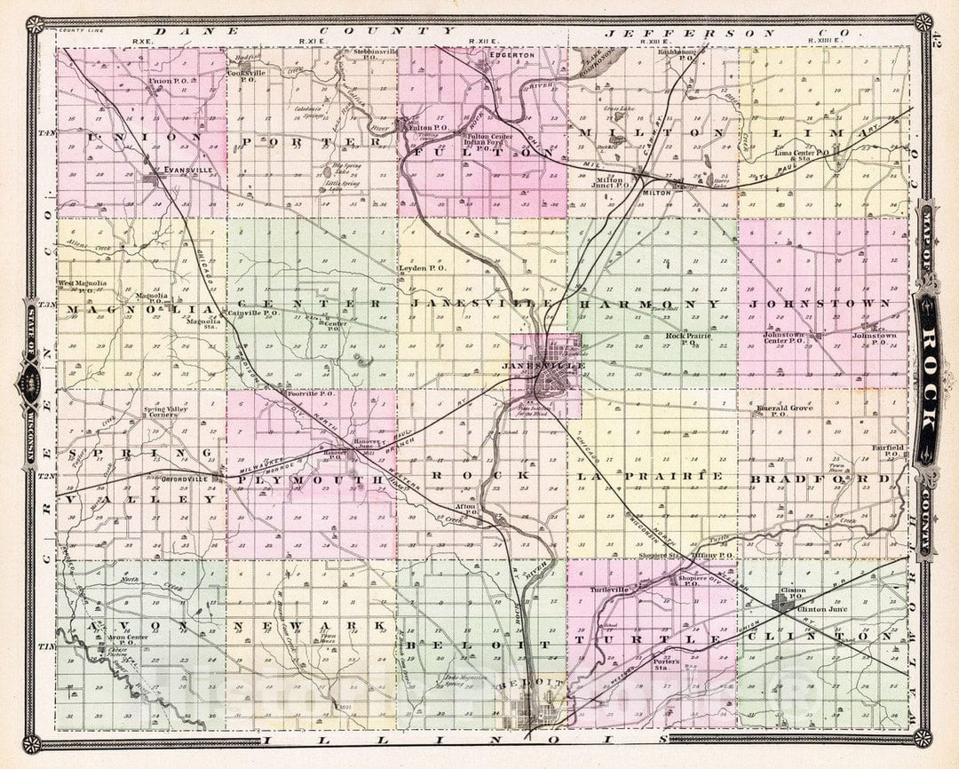 Historic Map : 1878 Map of Rock County, State of Wisconsin. - Vintage Wall Art