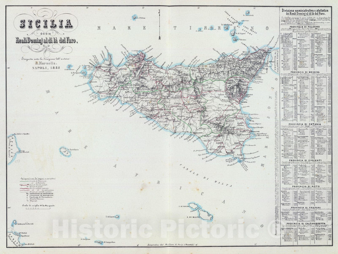 Historic Wall Map : Italy, Sicily (Italy) 1853 Sicilia. , Vintage Wall Art