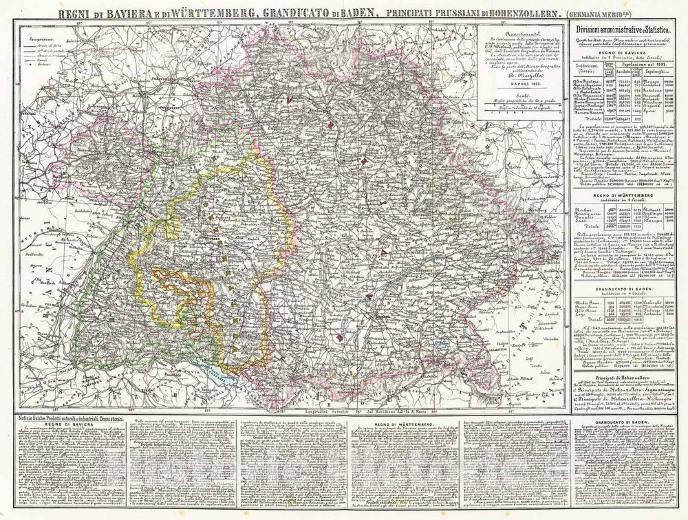 Historic Map : Germany, 1855 Regni di Baviera, Wurttemberg, Baden, Principati Prussiani. , Vintage Wall Art