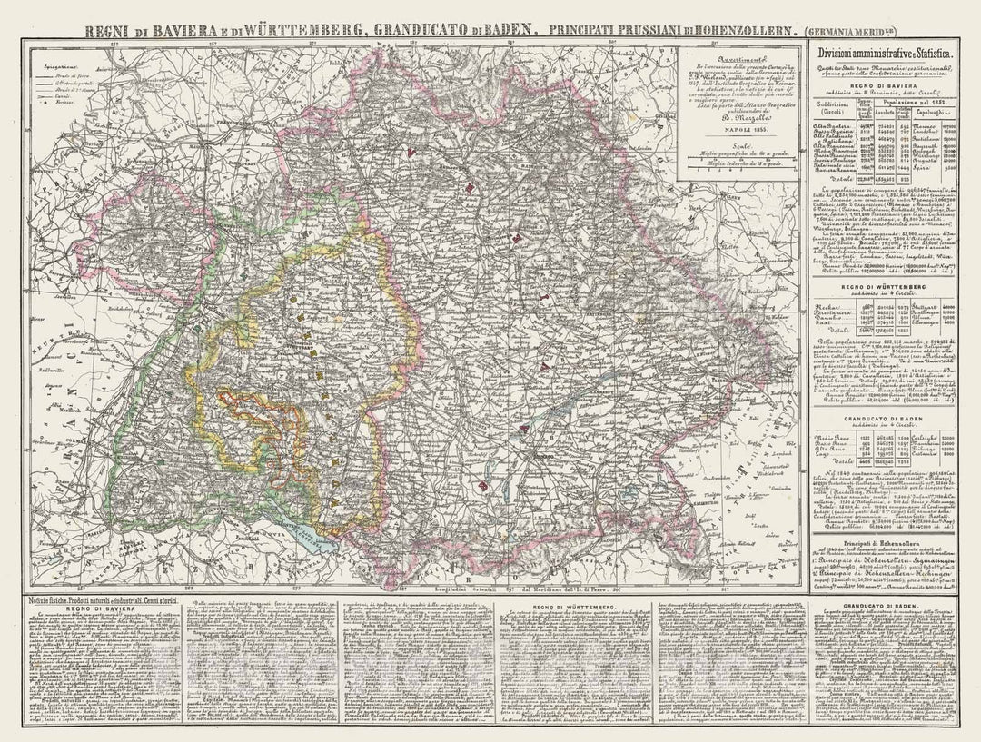 Historic Map : Germany, 1855 Regni di Baviera, Wurttemberg, Baden, Principati Prussiani. , Vintage Wall Art