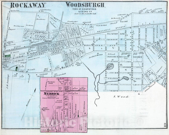 Historic Map : 1873 Woodsburgh, in Hempstead, Queens Co. Long Island. - Vintage Wall Art