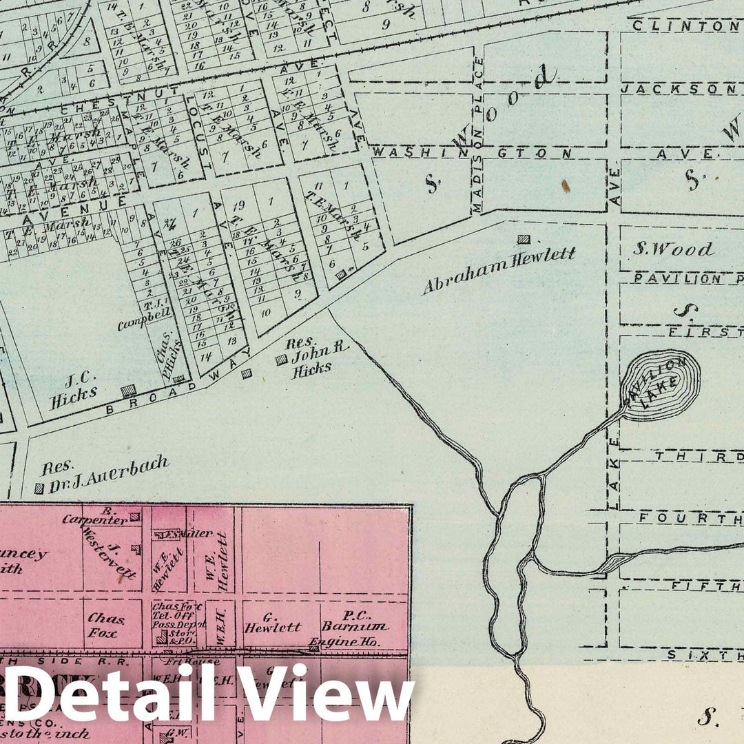 Historic Map : 1873 Woodsburgh, in Hempstead, Queens Co. Long Island. - Vintage Wall Art