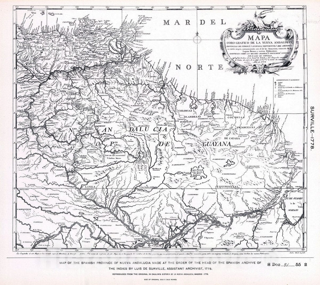 Historic Map : Venezuela; Guyana, Orinoco-Essequibo Region 1778 Nueva Andalucia. , Vintage Wall Art