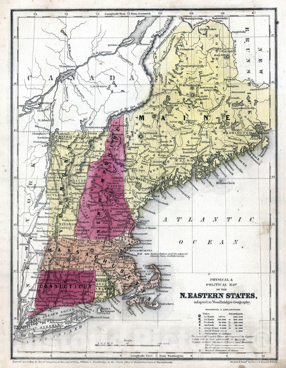 Historic Map : School Atlas - 1849 Physical And Political Map Of The N. Eastern States - Vintage Wall Art