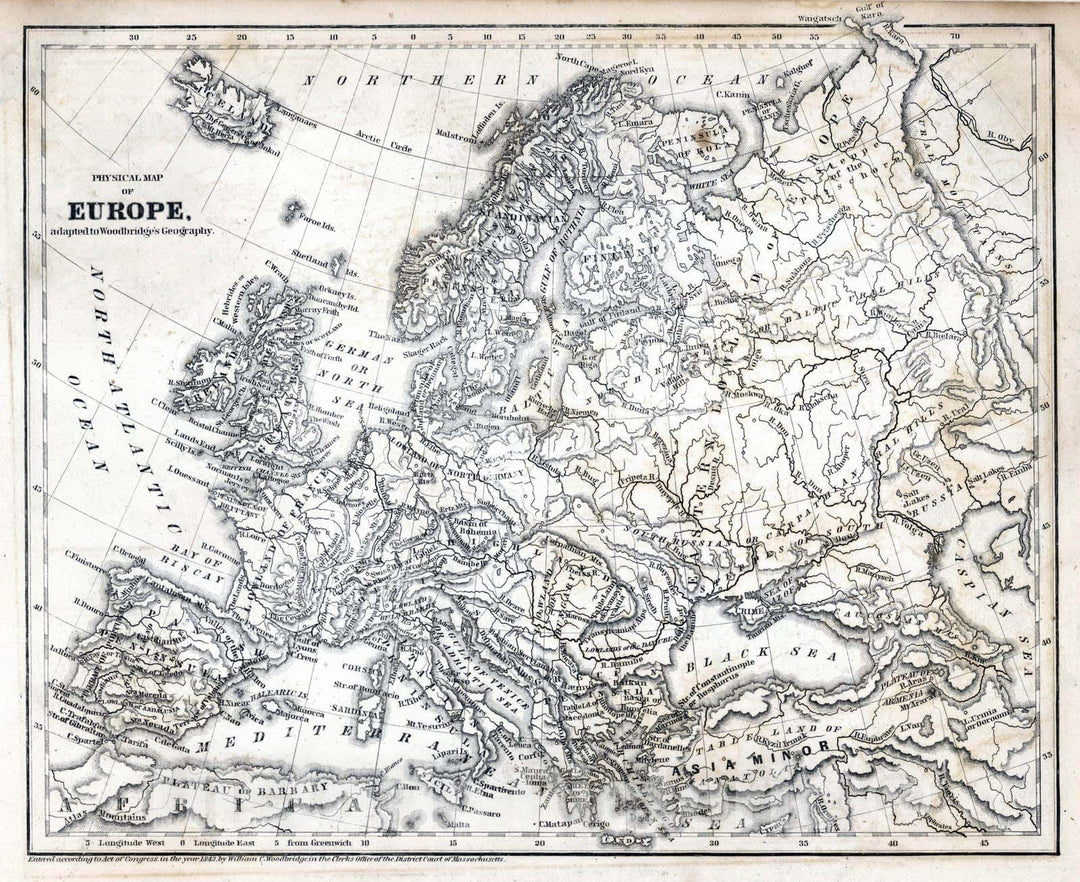 Historic Map : School Atlas - 1849 Physical Map Of Europe - Vintage Wall Art