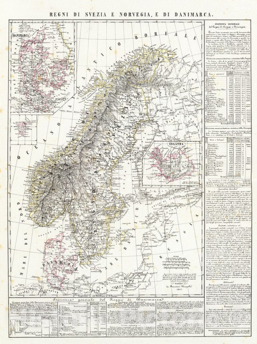 Historic Map : Norway; Sweden, Scandinavia 1847 Regni di Svezia e Norvegia, e di Danimarca; Islanda. , Vintage Wall Art