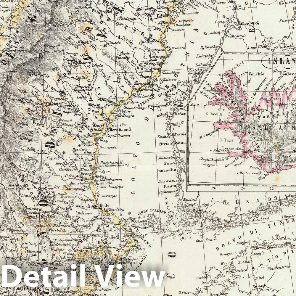 Historic Map : Norway; Sweden, Scandinavia 1847 Regni di Svezia e Norvegia, e di Danimarca; Islanda. , Vintage Wall Art