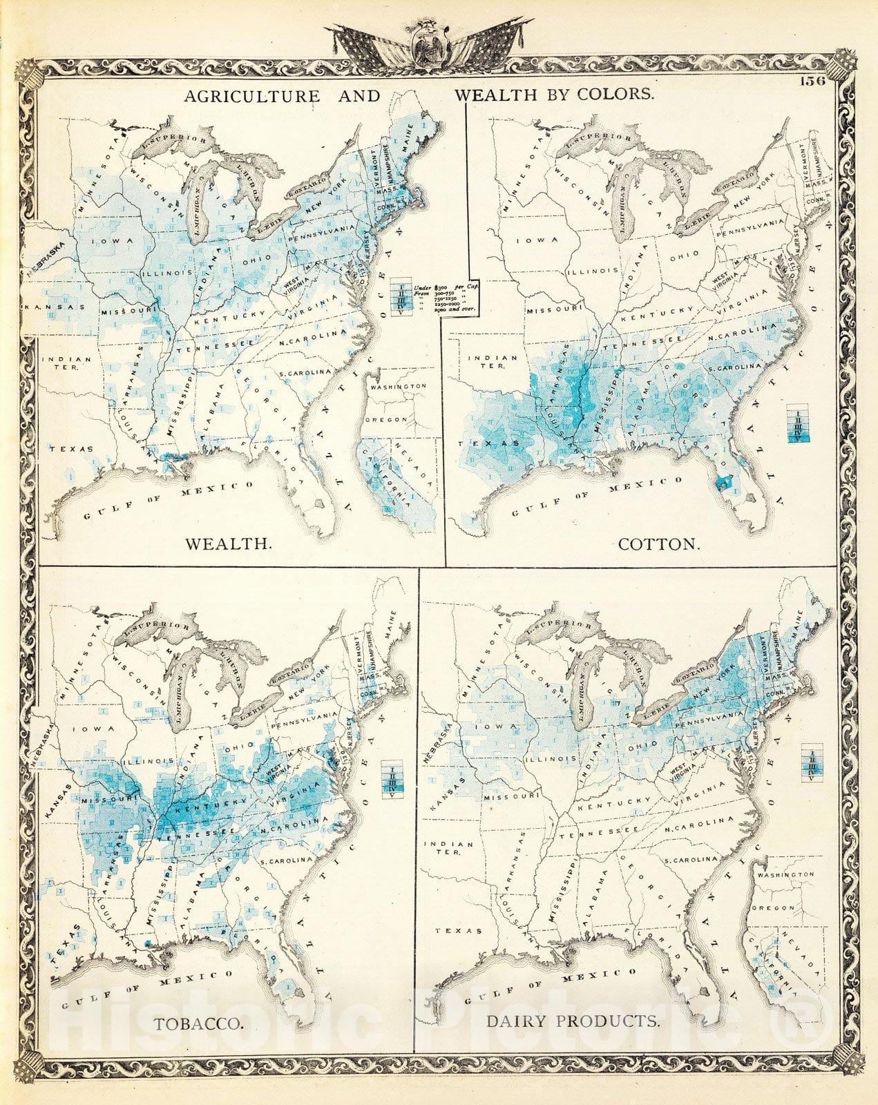 Historic Map : 1876 Agriculture and wealth by colors. Wealth. Cotton. Tobacco. Dairy products. - Vintage Wall Art