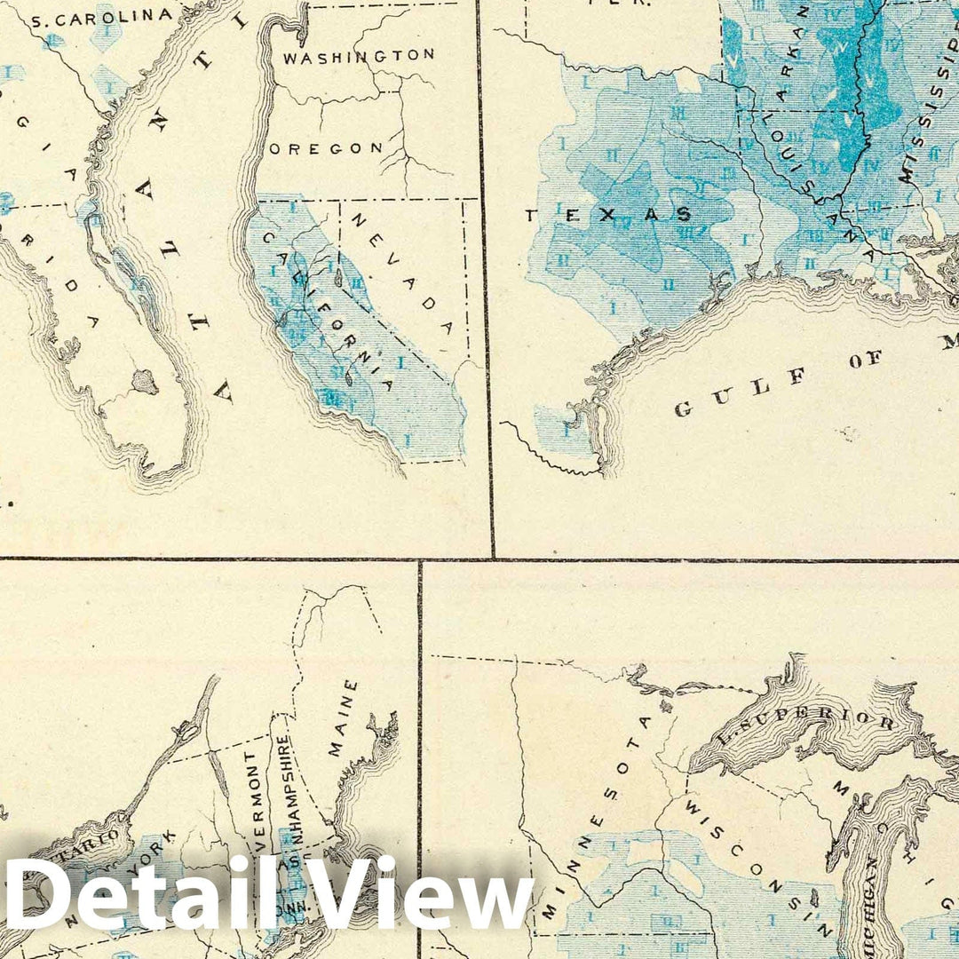 Historic Map : 1876 Agriculture and wealth by colors. Wealth. Cotton. Tobacco. Dairy products. - Vintage Wall Art