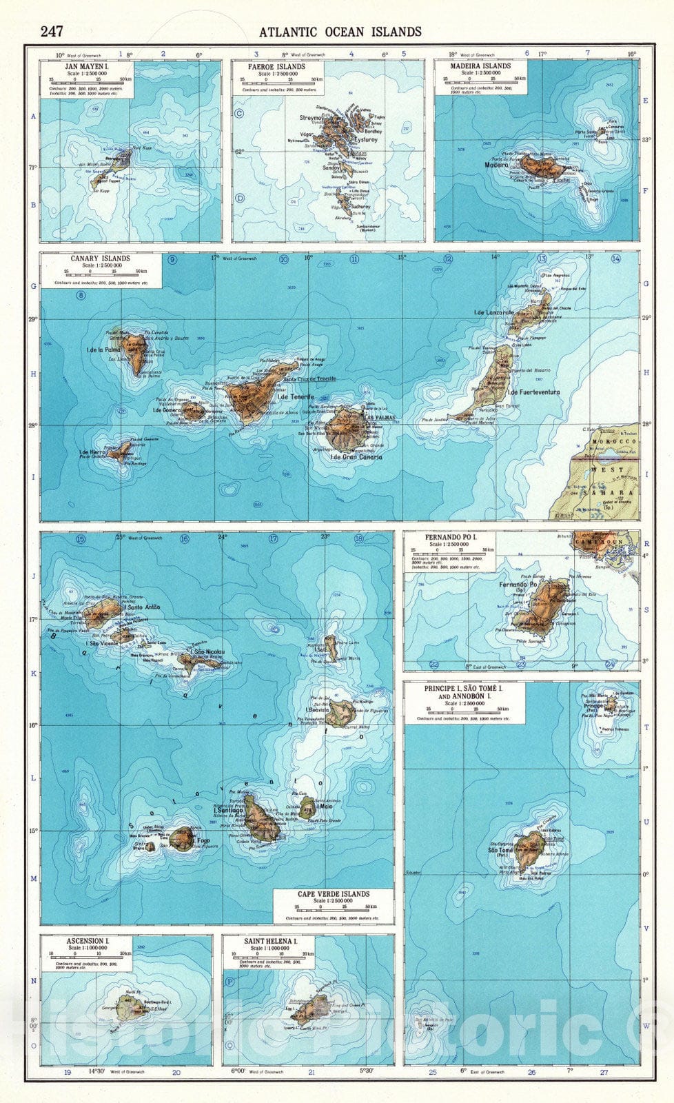 Historic Map : 1967 247. Atlantic Ocean Islands. The World Atlas. - Vintage Wall Art