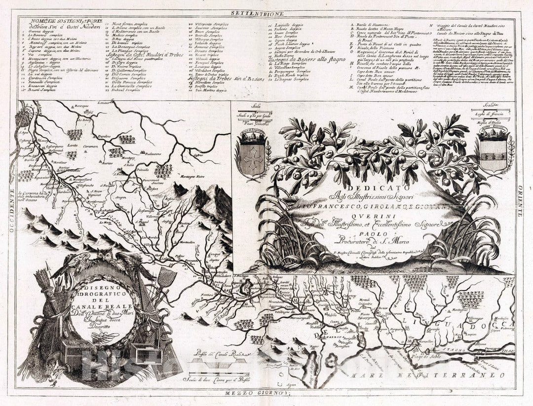 Historic Map : Midi Canal , France 1693 Disegno Idrografico del Canal Reale. , Vintage Wall Art