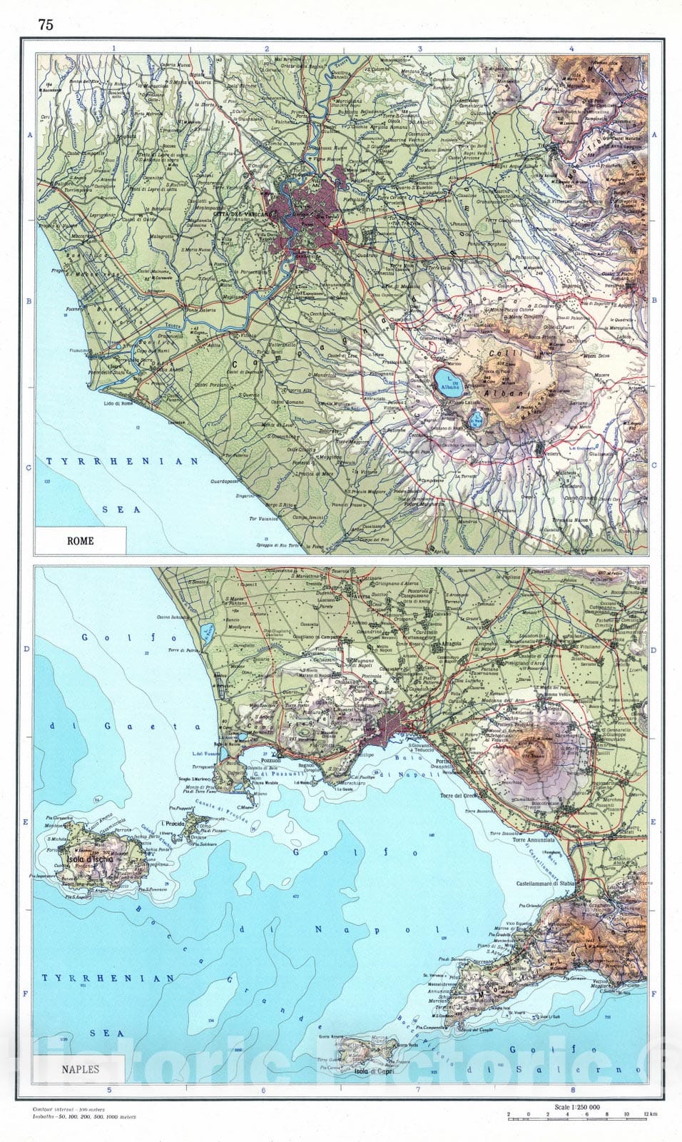 Historic Map : 1967 75. Rome, Naples. The World Atlas. - Vintage Wall Art