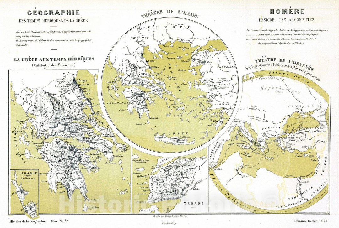 Historic Map : Greece; Turkey, , Eastern Hemisphere; World 1874 Geographie des temps heroiques de la Grece; Homere, Hesiode les argonautes. , Vintage Wall Art