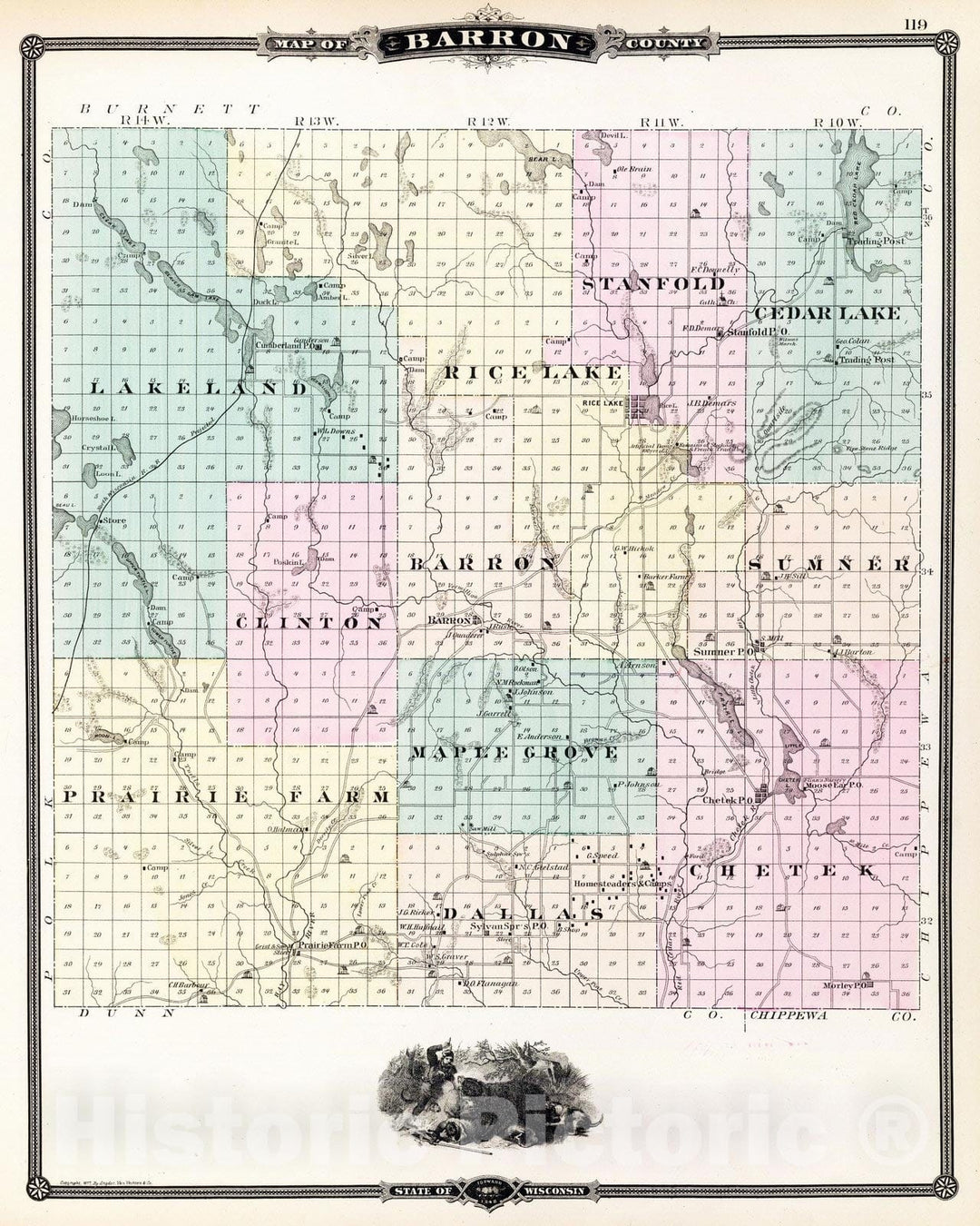 Historic Map : 1878 Map of Barron County, State of Wisconsin. - Vintage Wall Art