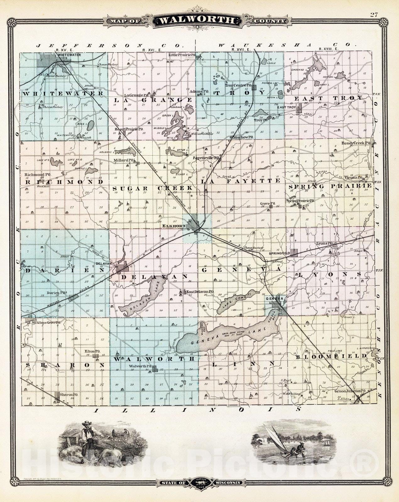 Historic Map : 1878 Map of Walworth County, State of Wisconsin. - Vintage Wall Art