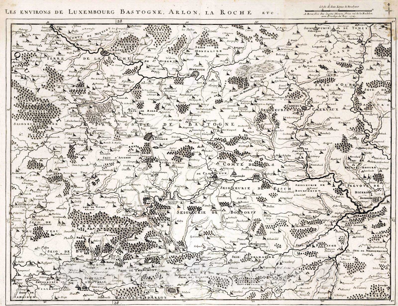 Historic Map : Germany, 1727 24. Le environs de Luxembourg, Bastogne, Arlon, la Roche etc. 1727. , Vintage Wall Art