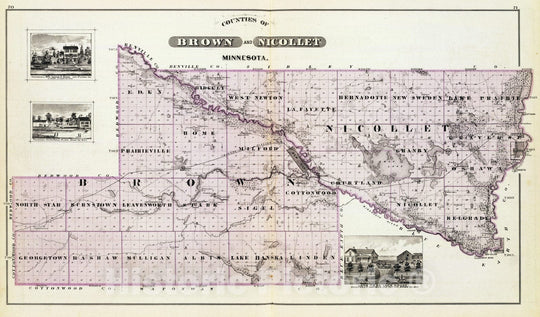 Historic Wall Map : 1874 Counties of Brown and Nicollet, Minn. with residences in Le Sueur, Milford and Lone Tree Lake. - Vintage Wall Art