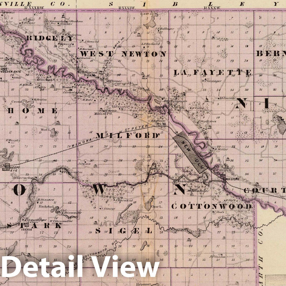 Historic Wall Map : 1874 Counties of Brown and Nicollet, Minn. with residences in Le Sueur, Milford and Lone Tree Lake. - Vintage Wall Art