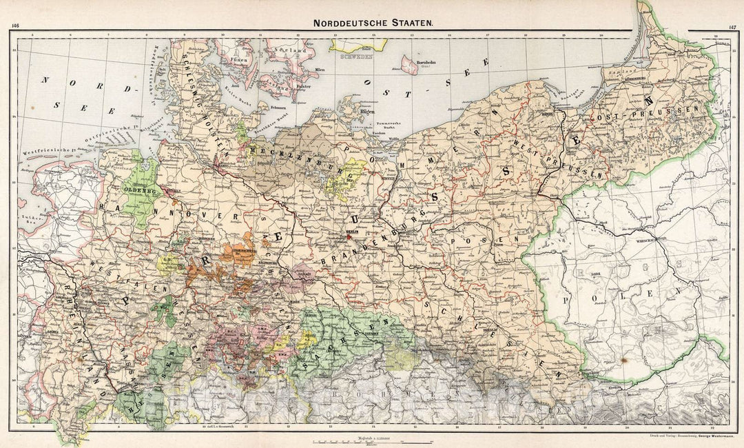 Historic Map : Germany, 1896 Norddeutsche Staaaten , Vintage Wall Art