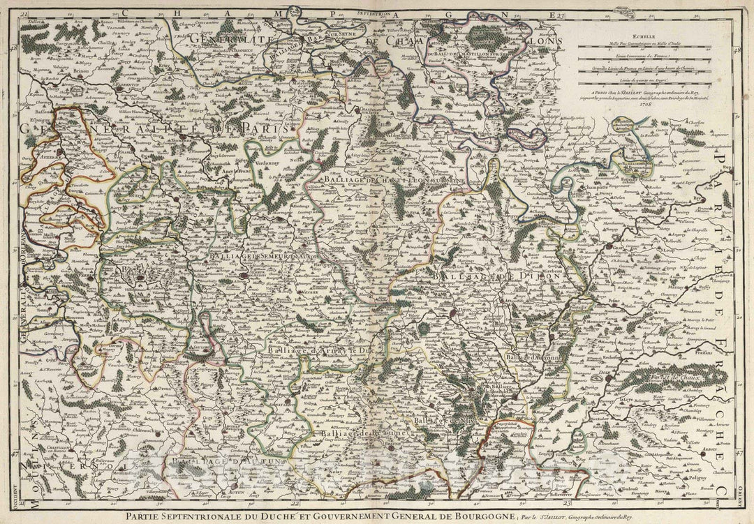 Historic Map : Bourgogne , France 1695 Le Gouvernement General du Duche de Bourgogne et de la Bresse (northern sheet). , Vintage Wall Art