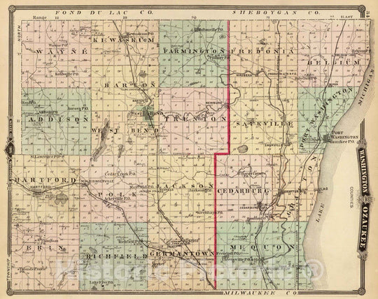 Historic Map : 1878 Map of Washington and Ozaukee counties, State of Wisconsin. - Vintage Wall Art