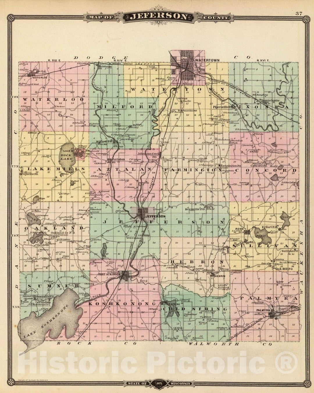 Historic Map : 1878 Map of Jefferson County, State of Wisconsin. - Vintage Wall Art