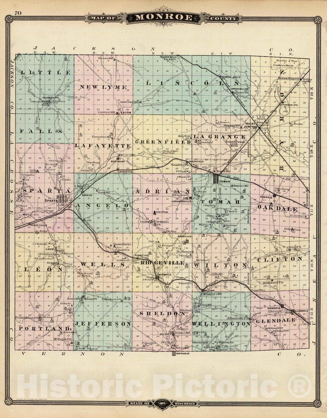 Historic Map : 1878 Map of Monroe County, State of Wisconsin. - Vintage Wall Art