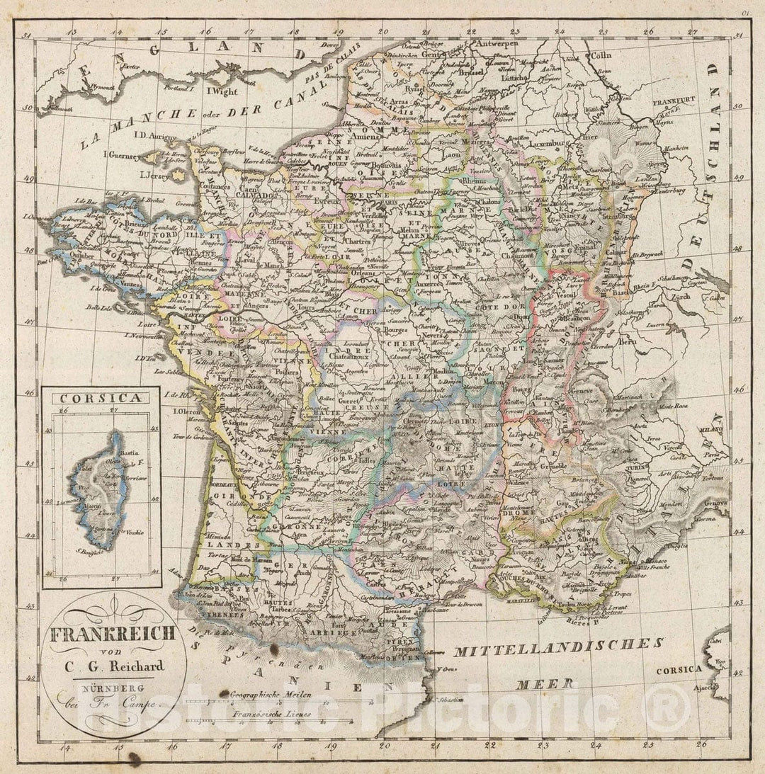 Historic Map : France, 1822 Frankreich. , Vintage Wall Art