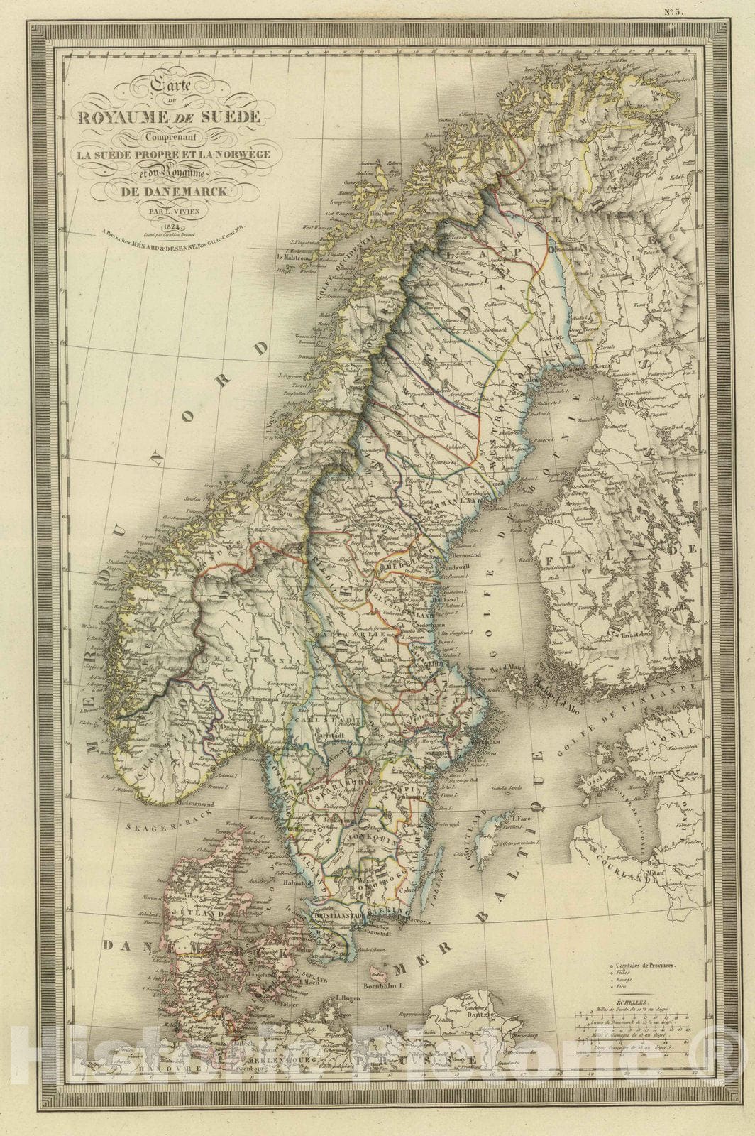 Historic Map : Norway; Sweden, Scandanavia 1824 Carte du Royaume de Suede,Norwege et Danemarck. , Vintage Wall Art