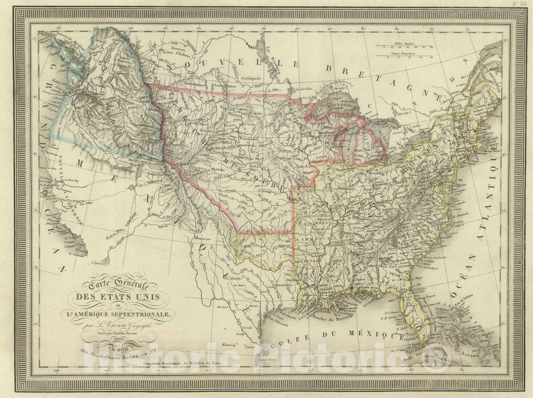 Historic Map : Canada; Iceland, 1825 Carte Generale des Etats Unis de L'Amerique Septentrionale. , Vintage Wall Art