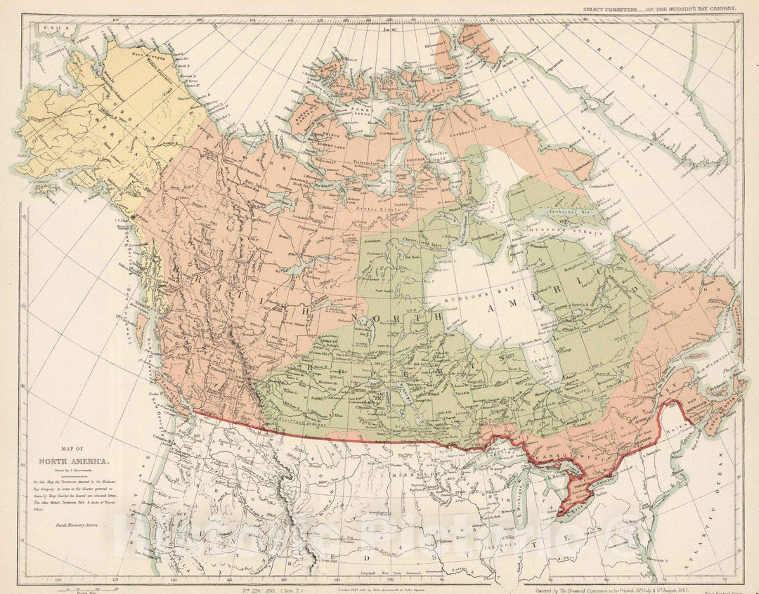 Historic Map : 1857 Map of North America. Hudson's Bay Company (Arrowsmith) ordered by House of Commons - Vintage Wall Art