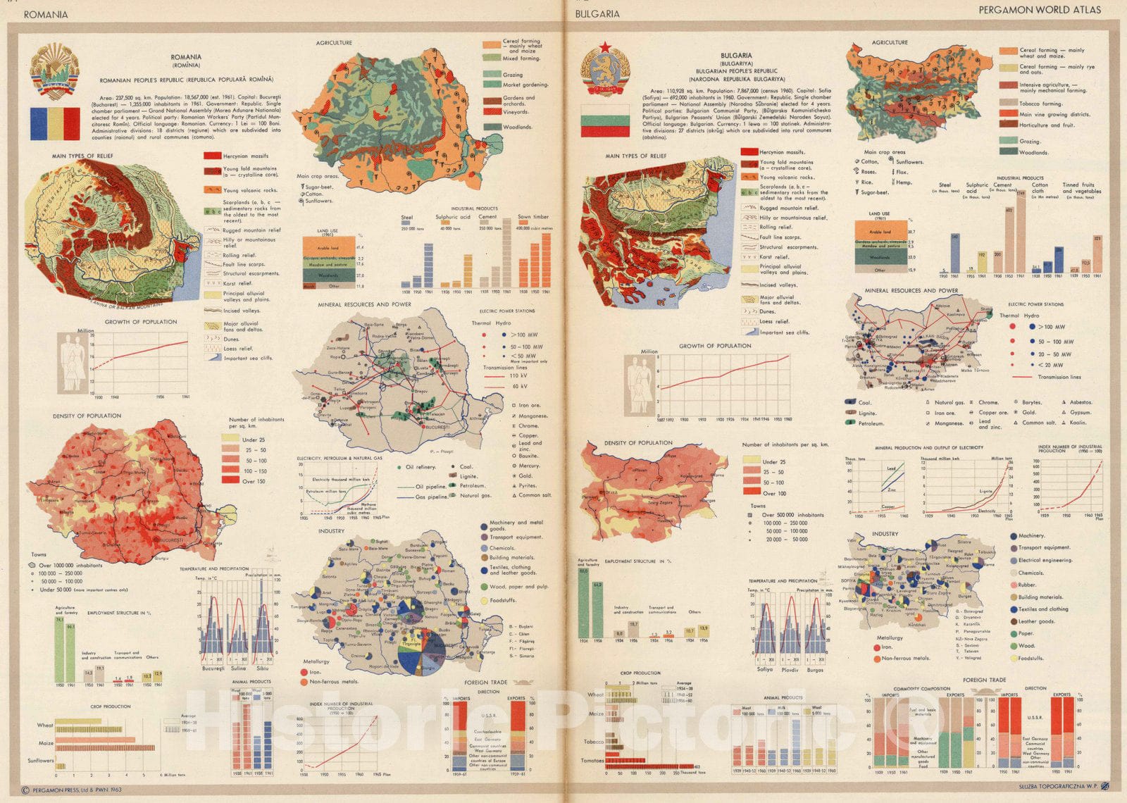 Historic Map : 1963 Romania. Bulgaria. Pergamon World Atlas. - Vintage Wall Art