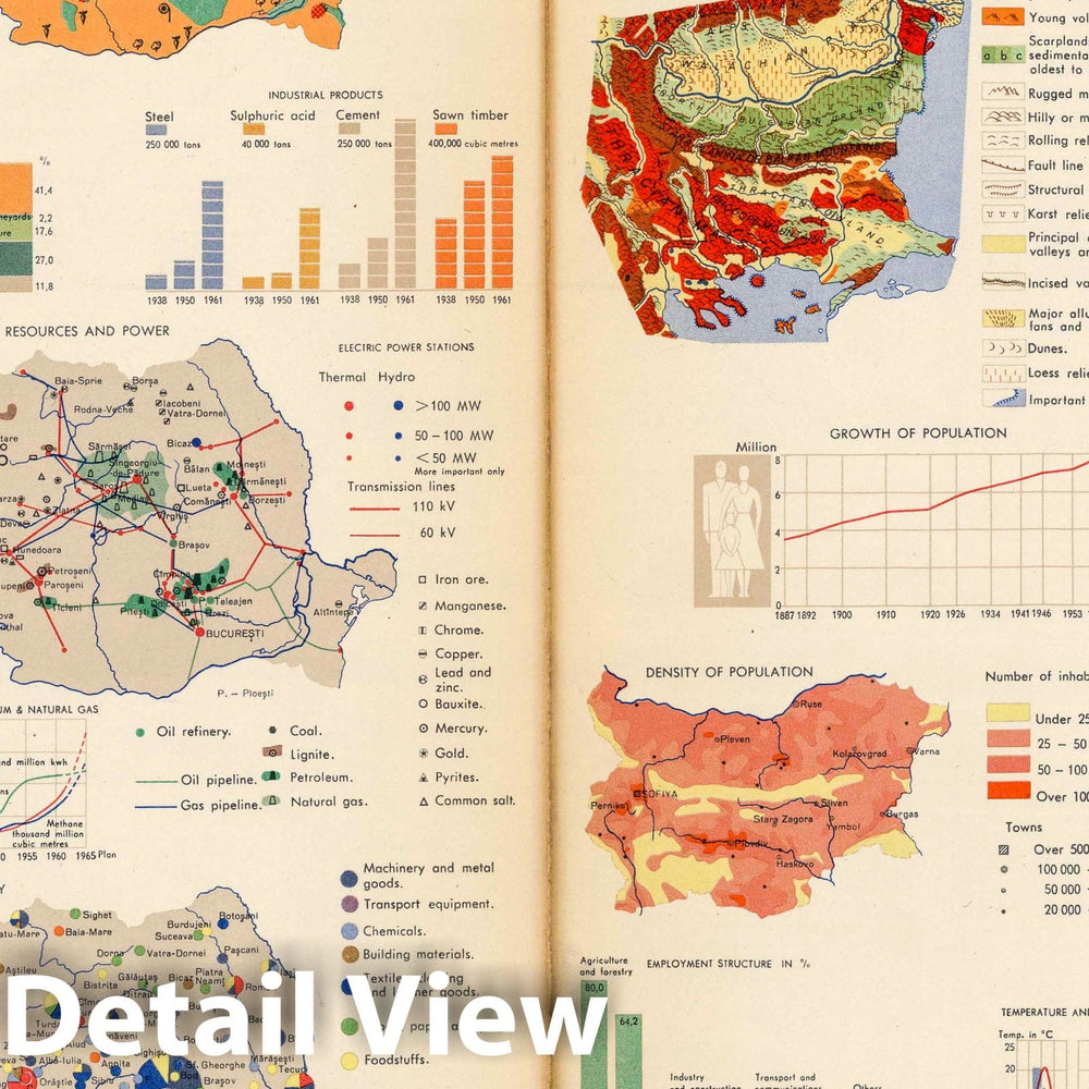 Historic Map : 1963 Romania. Bulgaria. Pergamon World Atlas. - Vintage Wall Art