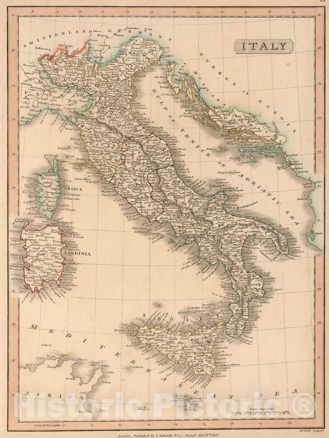 Historic Map : 1808 Italy. - Vintage Wall Art