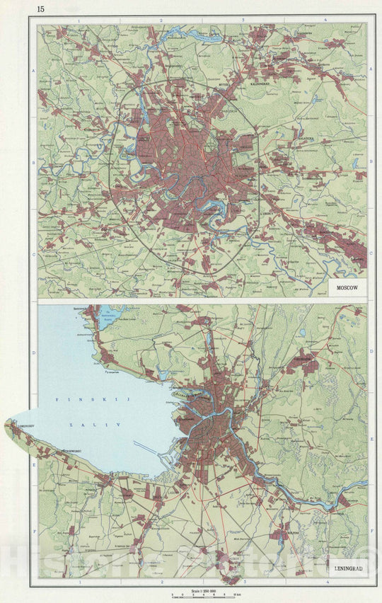 Historic Map : 1967 15. Moscow. Leningrad. (Vicinity). The World Atlas. - Vintage Wall Art