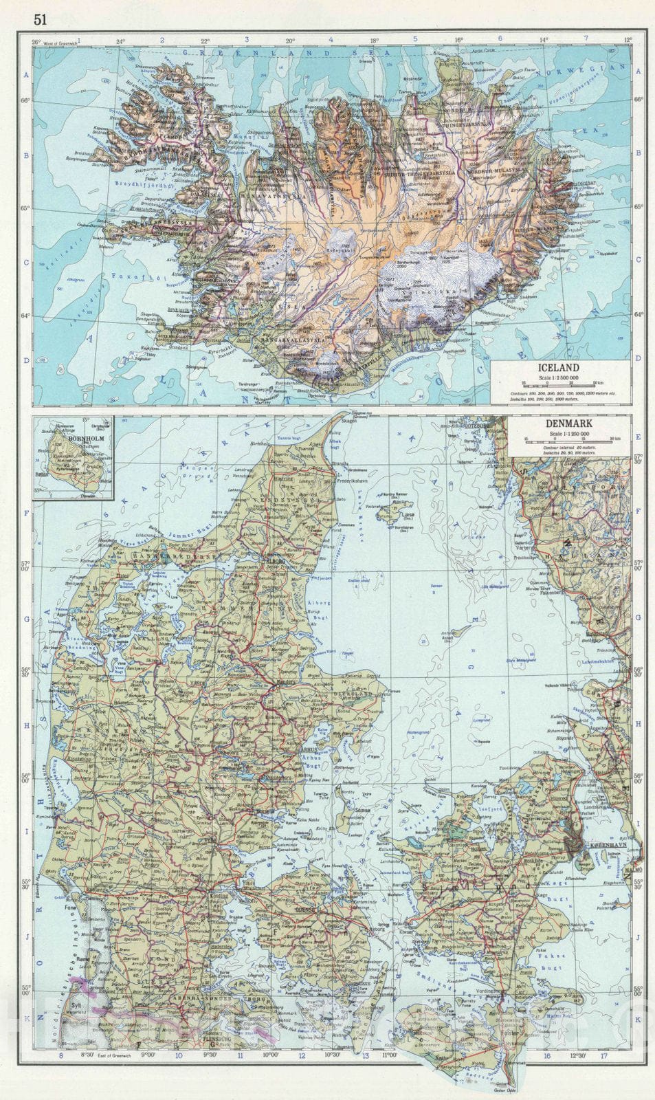 Historic Map : 1967 51. Iceland, Denmark. The World Atlas. - Vintage Wall Art