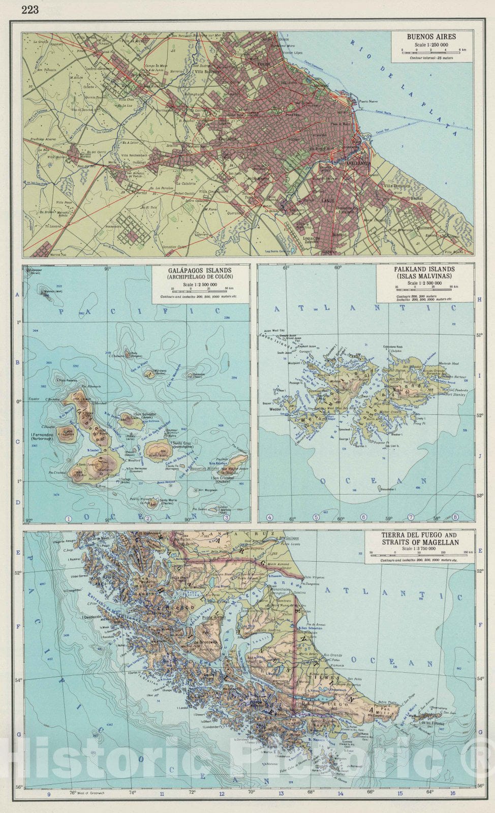 Historic Map : Chile , Buenos Aires (Argentina), Galapagos Islands (Archipielago de Colon) 1967 Buenos Aires, Galapagos, Falklands Straits of Magellan, Vintage Wall Art