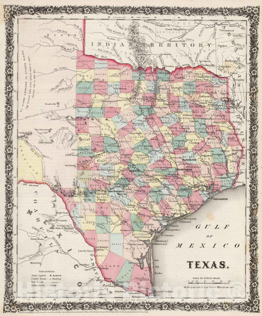 Historic Map : 1858 Texas. - Vintage Wall Art