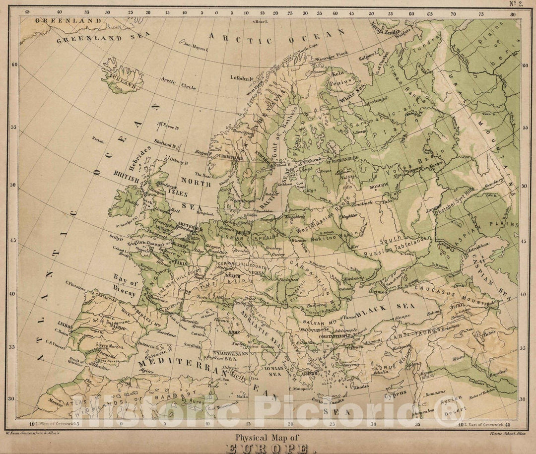 Historic Map : 1880 Physical Map Europe. v1 - Vintage Wall Art