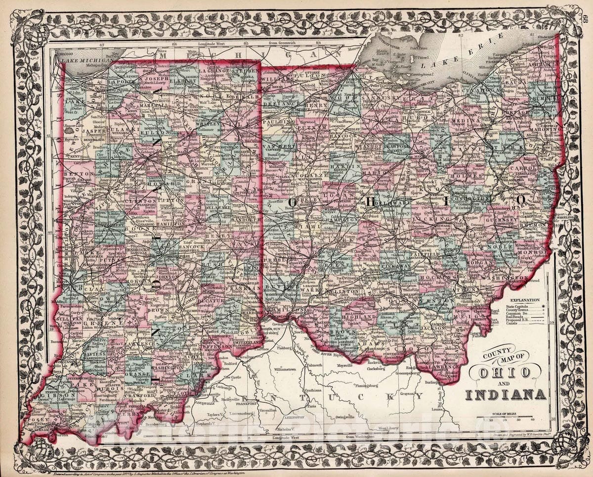 Historic Map : 1877 County map of Ohio and Indiana - Vintage Wall Art