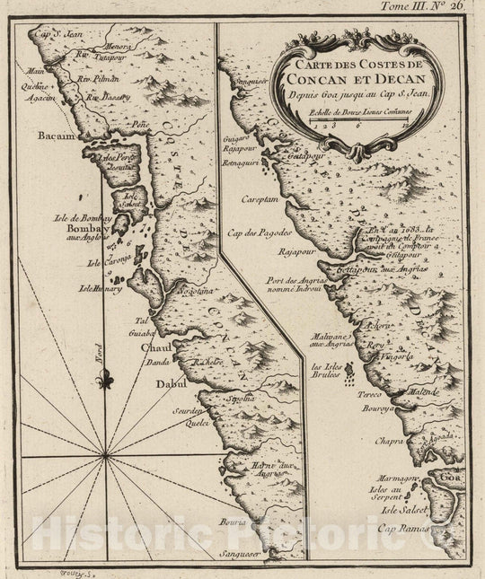 Historic Map : India, South East Asia 1764 Carte Des Costes De Concan Et Decan : Depuis Goa jusqu'au Cap S. Jean , Vintage Wall Art