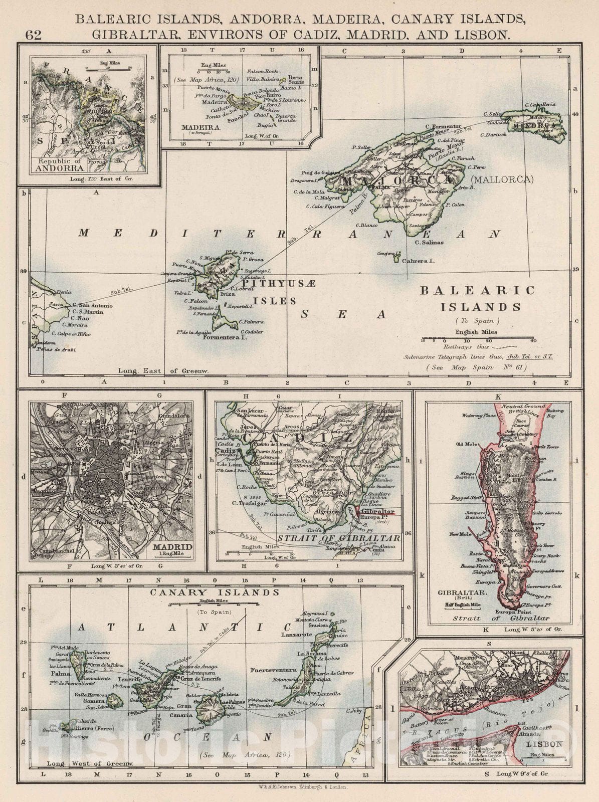 Historic Map : 1906 Balaeric Islands, Andorra, Madeira, Canary Islands, Gibraltar, Environs of Cadiz, Madrid, and Lisbon. - Vintage Wall Art