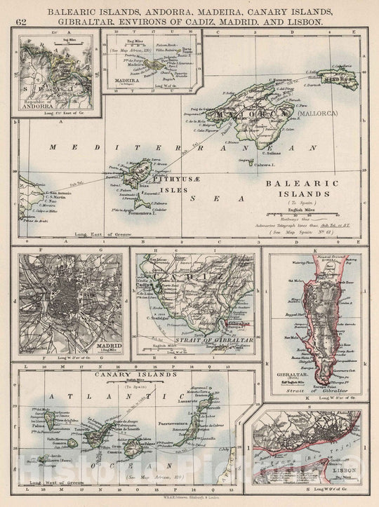 Historic Map : 1906 Balaeric Islands, Andorra, Madeira, Canary Islands, Gibraltar, Environs of Cadiz, Madrid, and Lisbon. - Vintage Wall Art