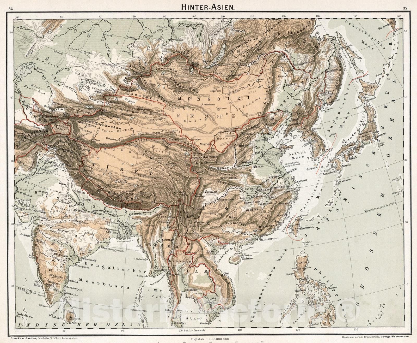 Historic Map : East Asia 1896 Hinter-Asien , Vintage Wall Art