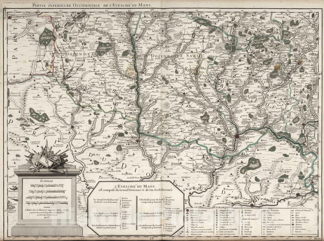 Historic Map : Mans , France 1706 L'Evesche du Mans (southwest sheet). , Vintage Wall Art