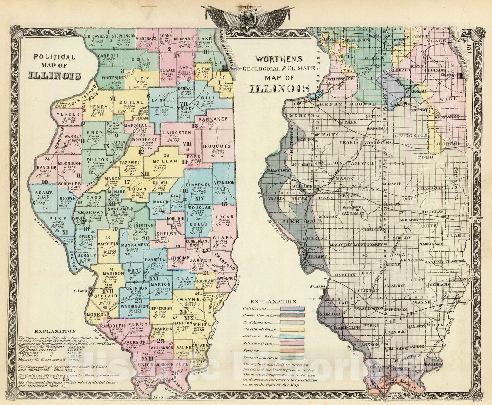 Historic Map : 1876 Political map of Illinois. Worthens geological and climate map of Illinois. - Vintage Wall Art