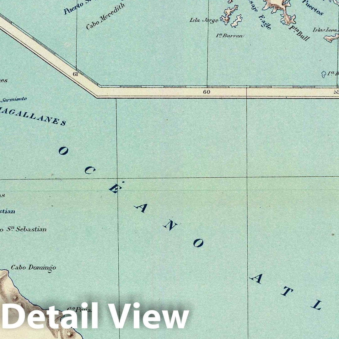 Historic Map : Argentina, Falkland Islands 1888 Gobernacion de la Tierra del Fuego, Islas Malvinas. , Vintage Wall Art